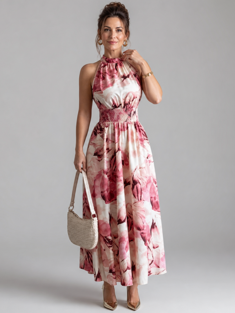 Blair | Gathered Waist Abstract Print Midi Dress