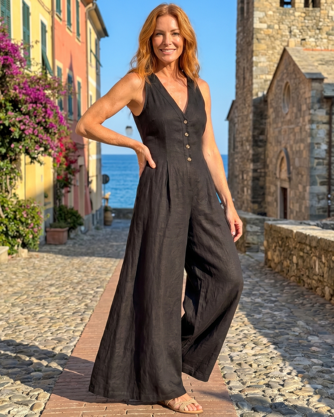Emilia | Sleeveless Button Front Wide Leg Jumpsuit