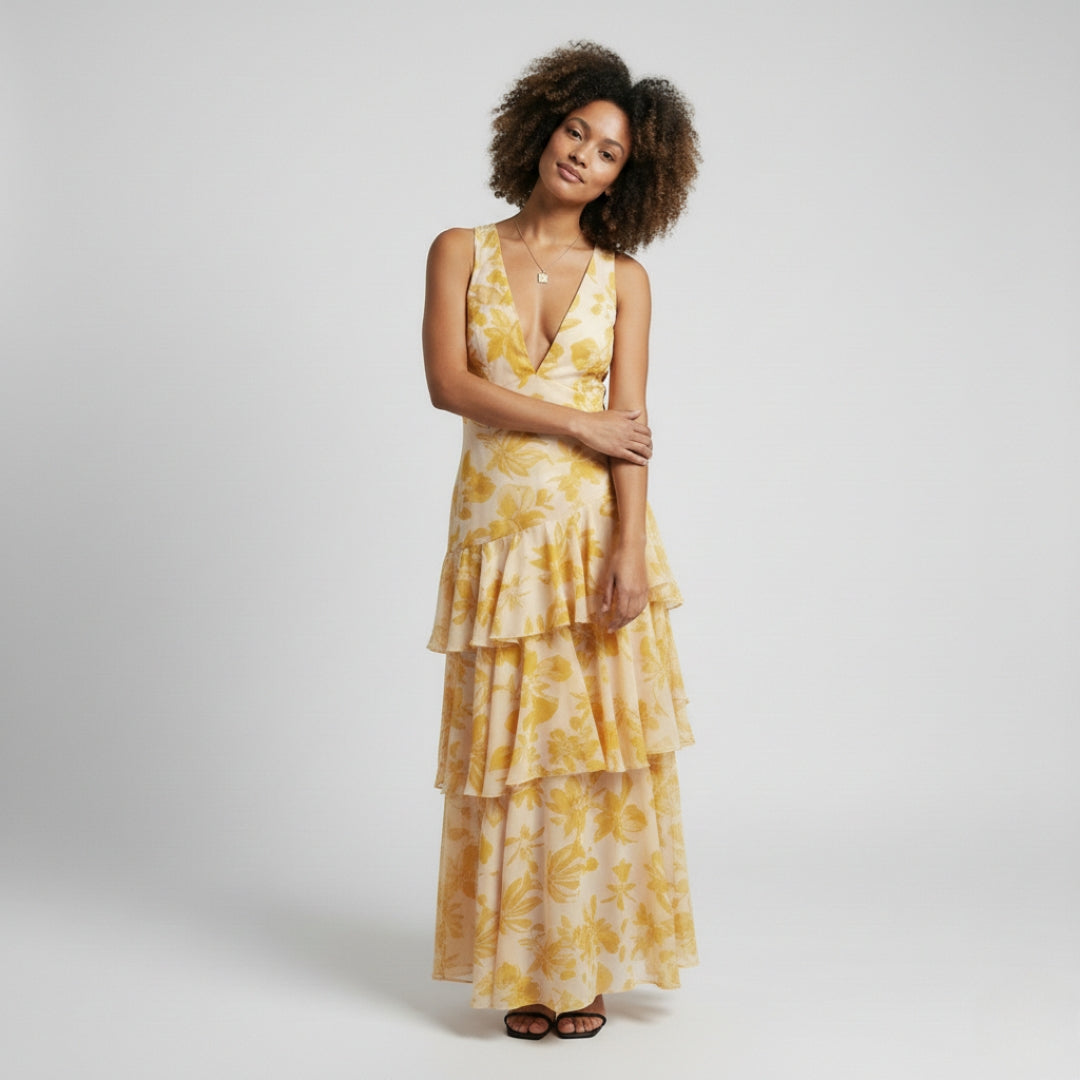 Harlow | V-Neck Plissé Pleated Maxi Dress