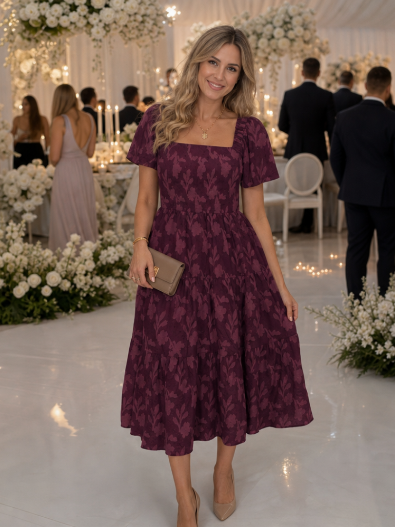 Della | Short Sleeve Textured Floral Midi Dress