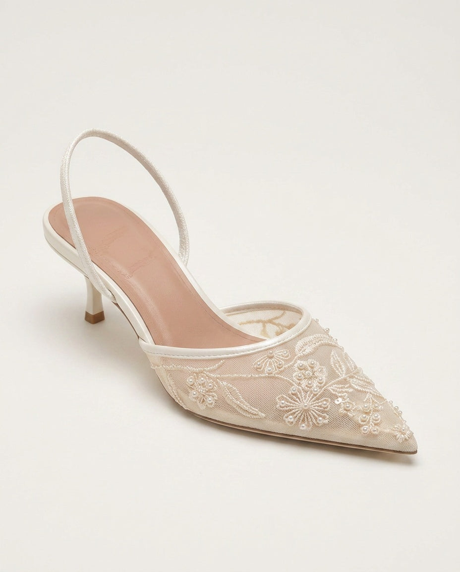 Leona | Embroidered Mesh Kitten Heel Slingbacks