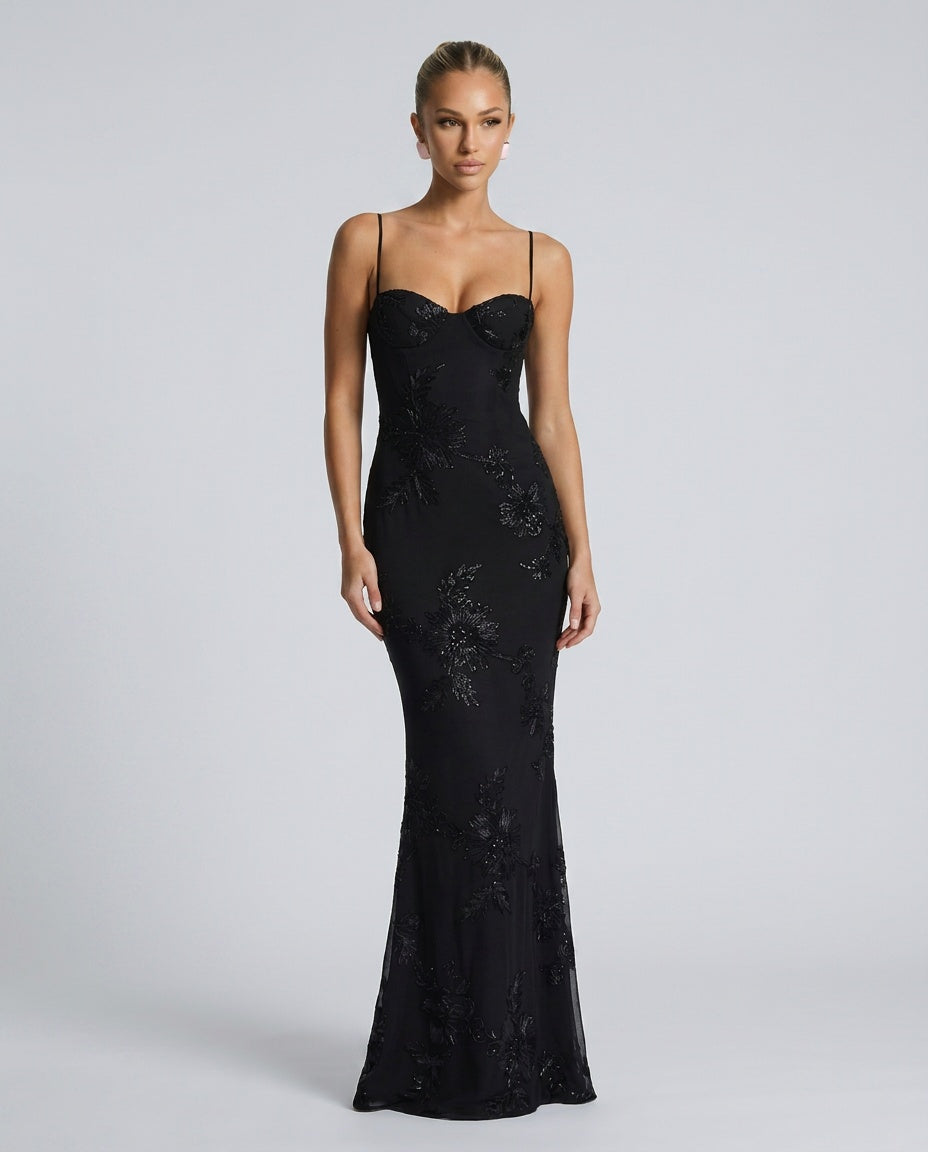 Isolde | Embroidered Corset Fishtail Maxi Dress
