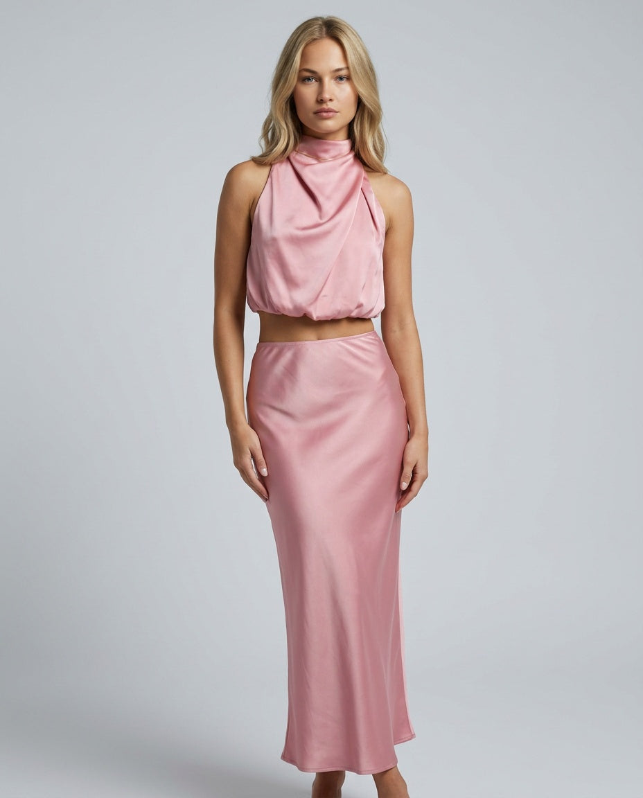 Cora | Halter Crop Top & High Waist Midi Skirt Set