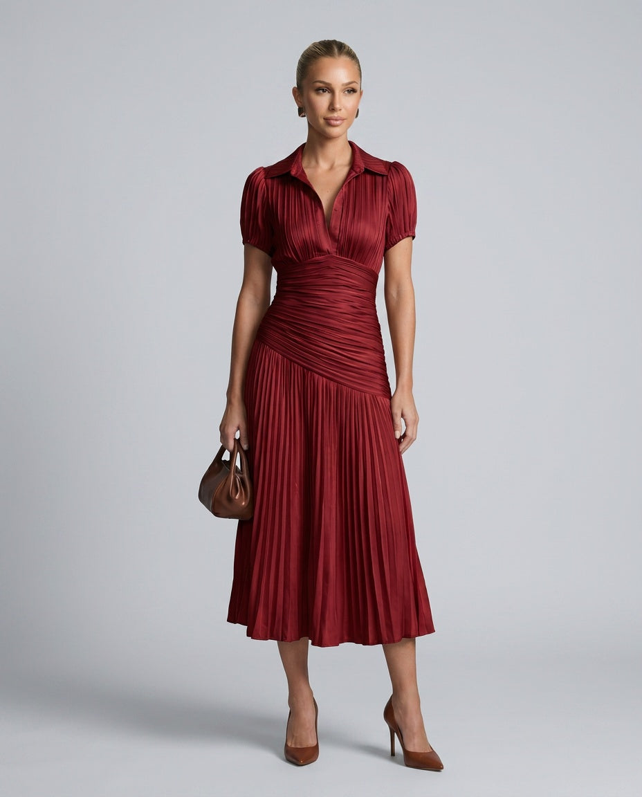 Theodora | Pleated Waistline Stripe Midi Dress
