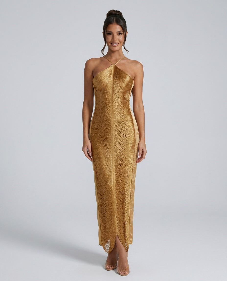 Sofia | Halter Neck Fringe Maxi Dress
