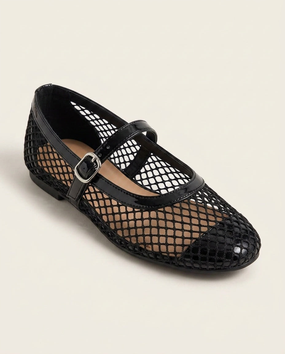 Renata | Round Toe Buckle Strap Mesh Ballet Flats