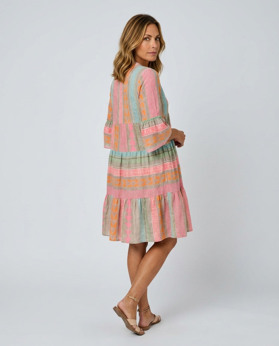 Maelle | Geometric Print V-Neck Tiered Midi Dress