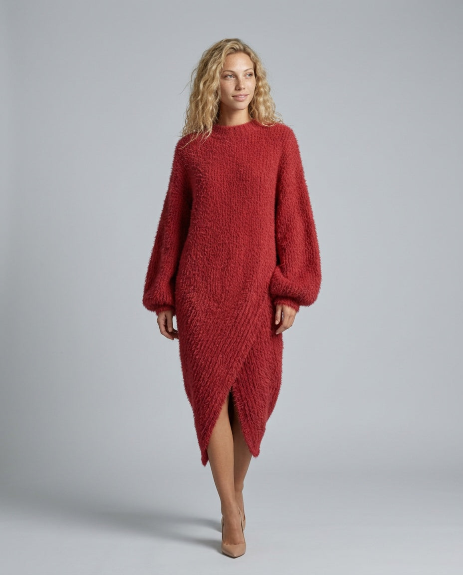 Women's Faux Mink Knit Asymmetric Midi Dress