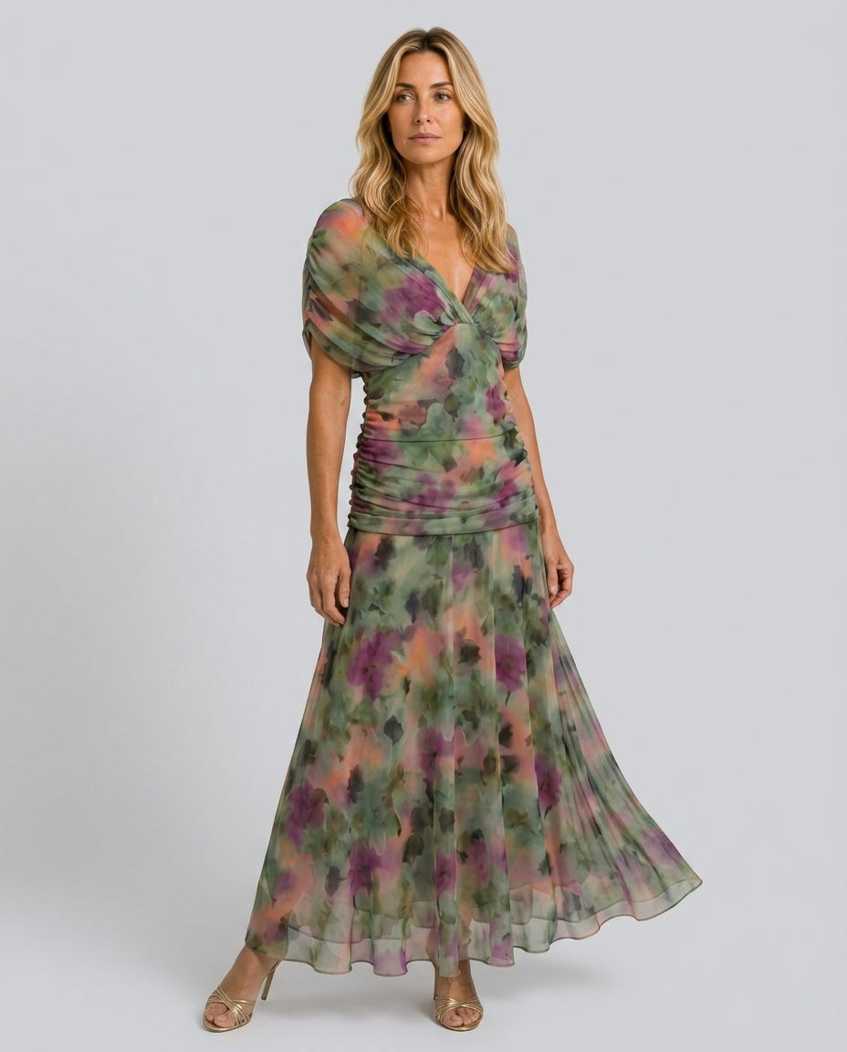 Vera | Off-Shoulder Watercolour Print Maxi Dress