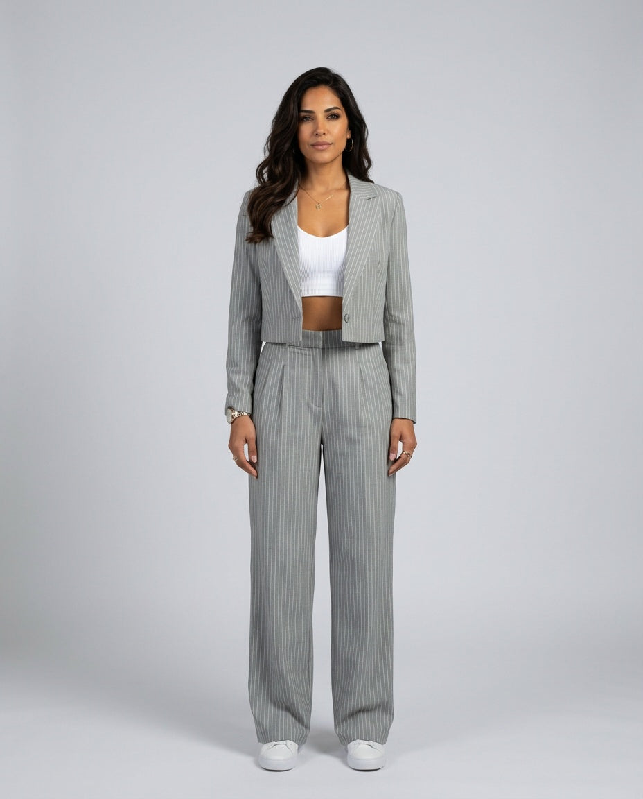 Una | Pinstripe Tailored Blazer & Wide-Leg Trouser Co-ord Set