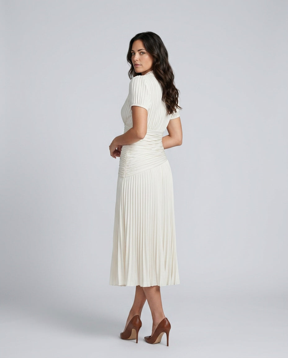 Theodora | Pleated Waistline Stripe Midi Dress