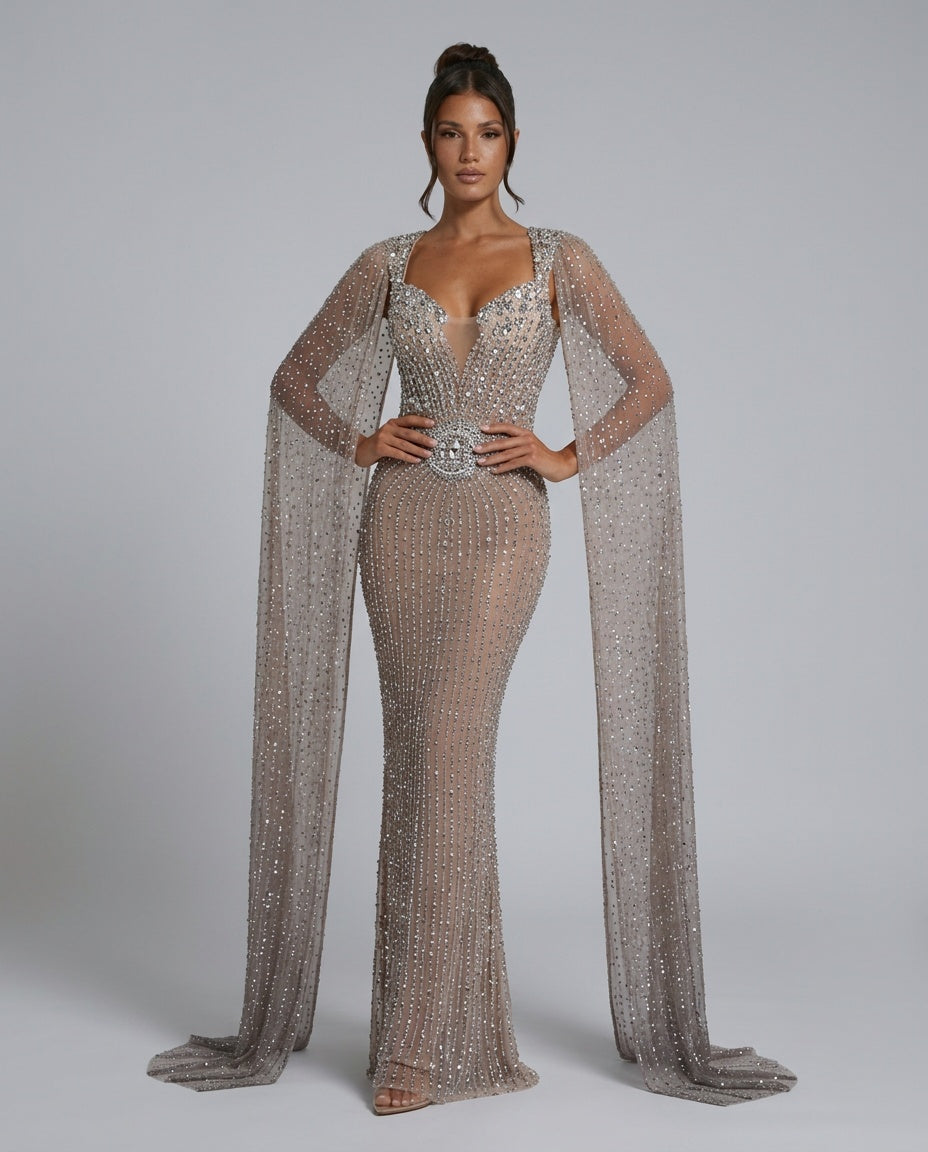 Blair | Rhinestone Cape Sleeve Maxi Dress