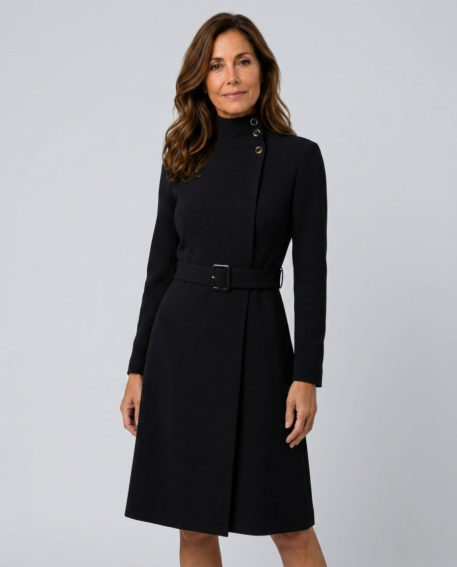 Adriana | Belted High Neck Long Sleeve Midi Dress