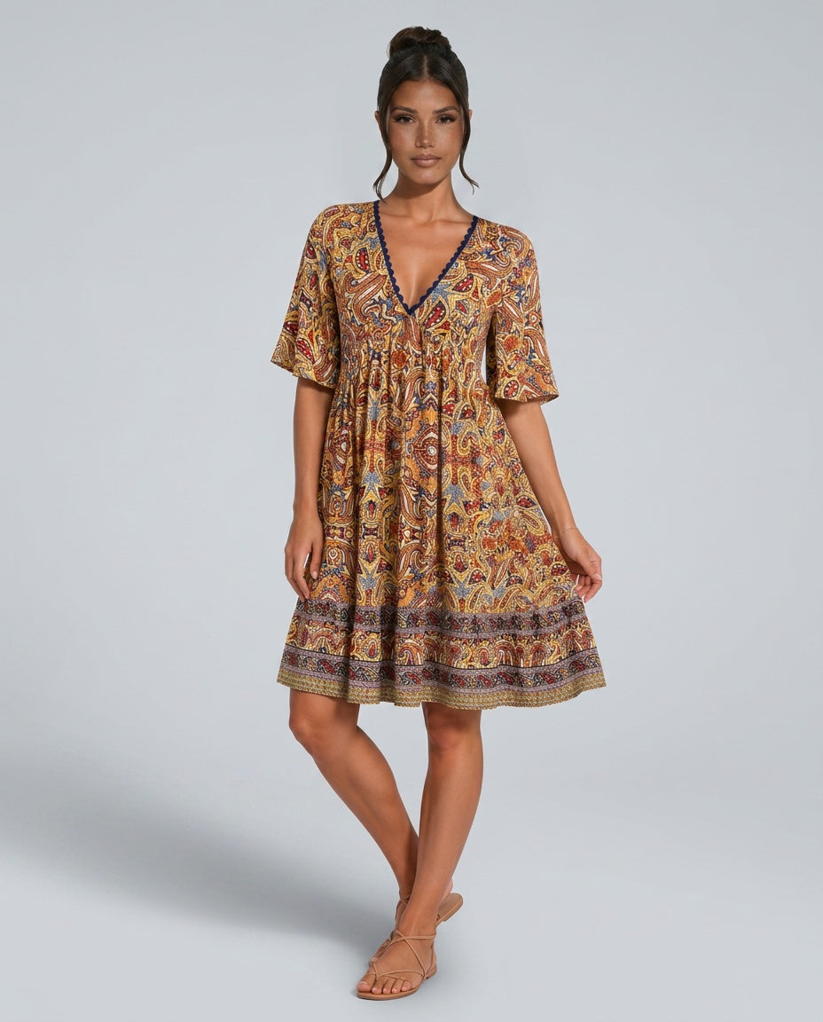 Priya | V-Neck All Over Print Boho Mini Dress