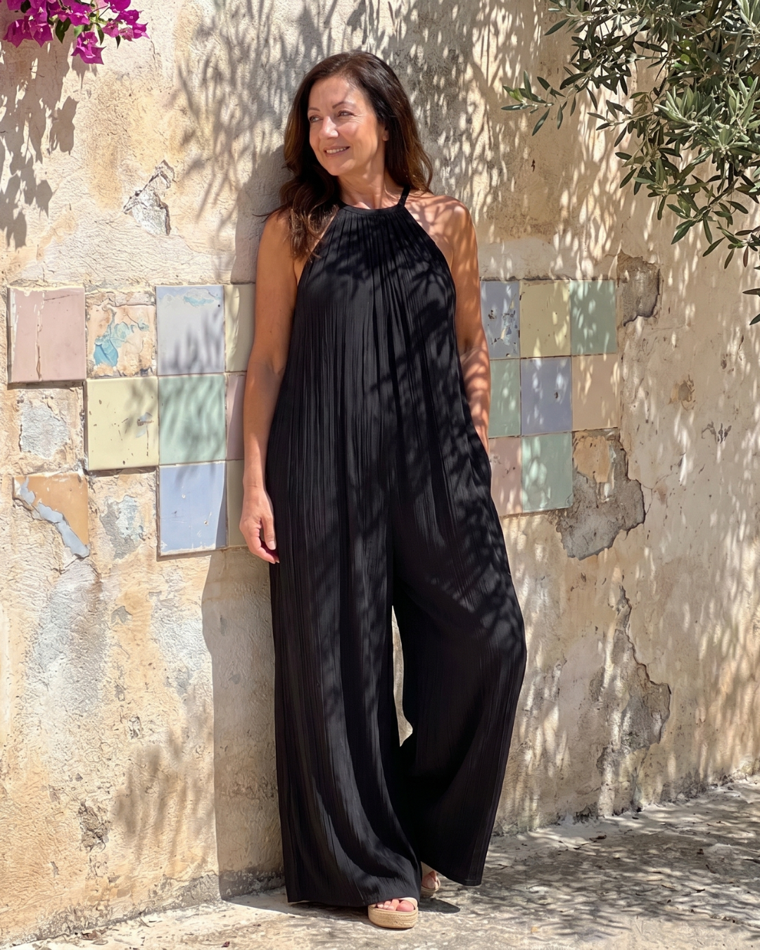 Sylvara | Pleated Halter Neck Wide Leg Jumpsuit