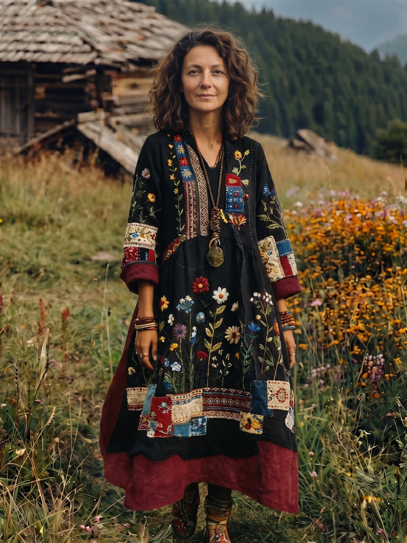 Wren | Embroidered Panel Long Sleeve Midi Dress