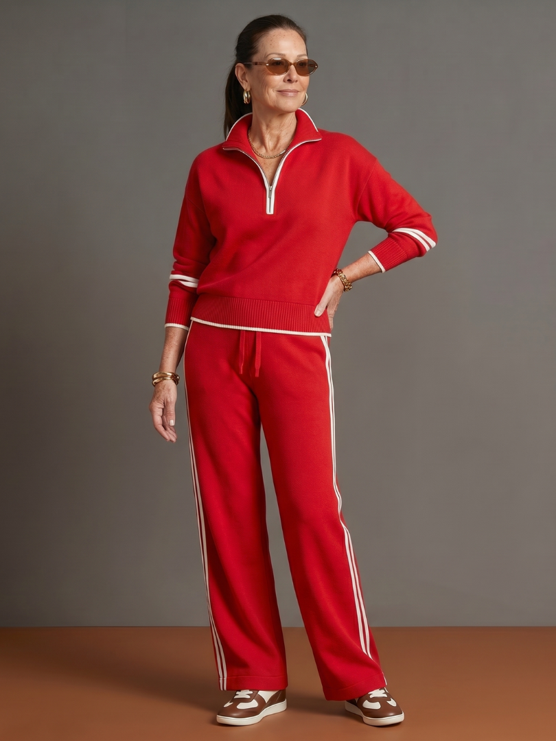 Rova | Zip Neck Striped Knit Long Sleeve Pants Set