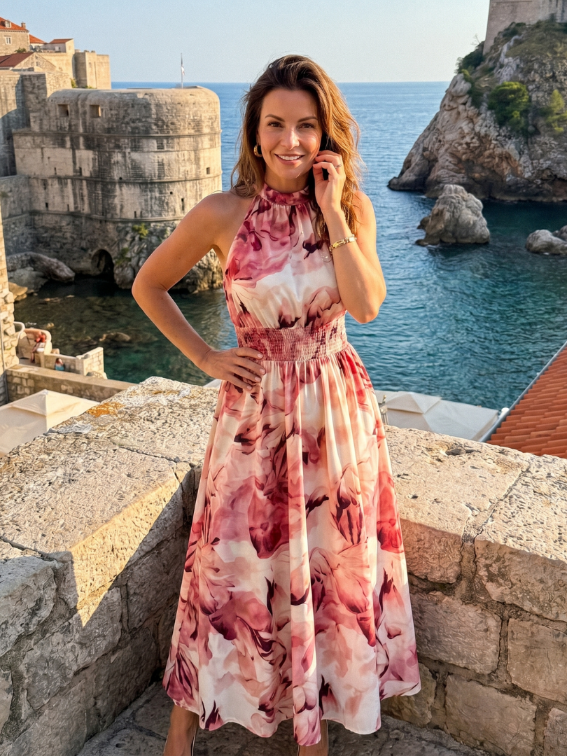 Imogen | Gathered Waist Abstract Print Midi Dress