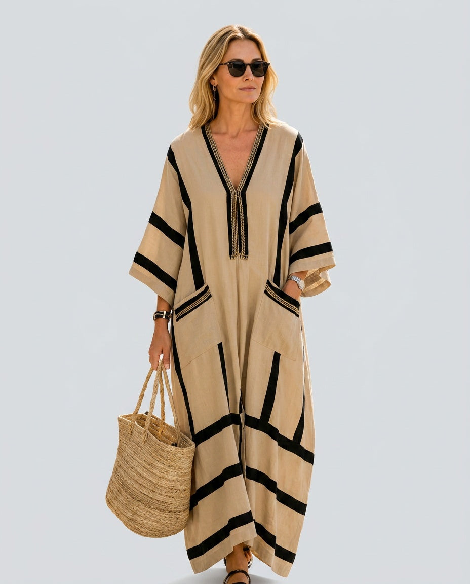 Pia | Long Sleeve Striped Trim Kaftan Maxi Dress