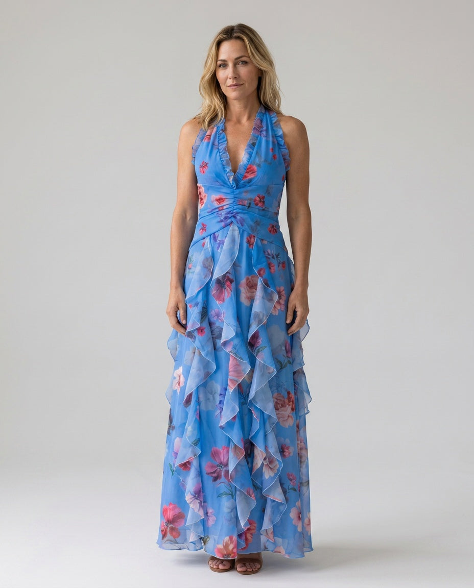 Nori | Halter Neck Ruched Floral Maxi Dress