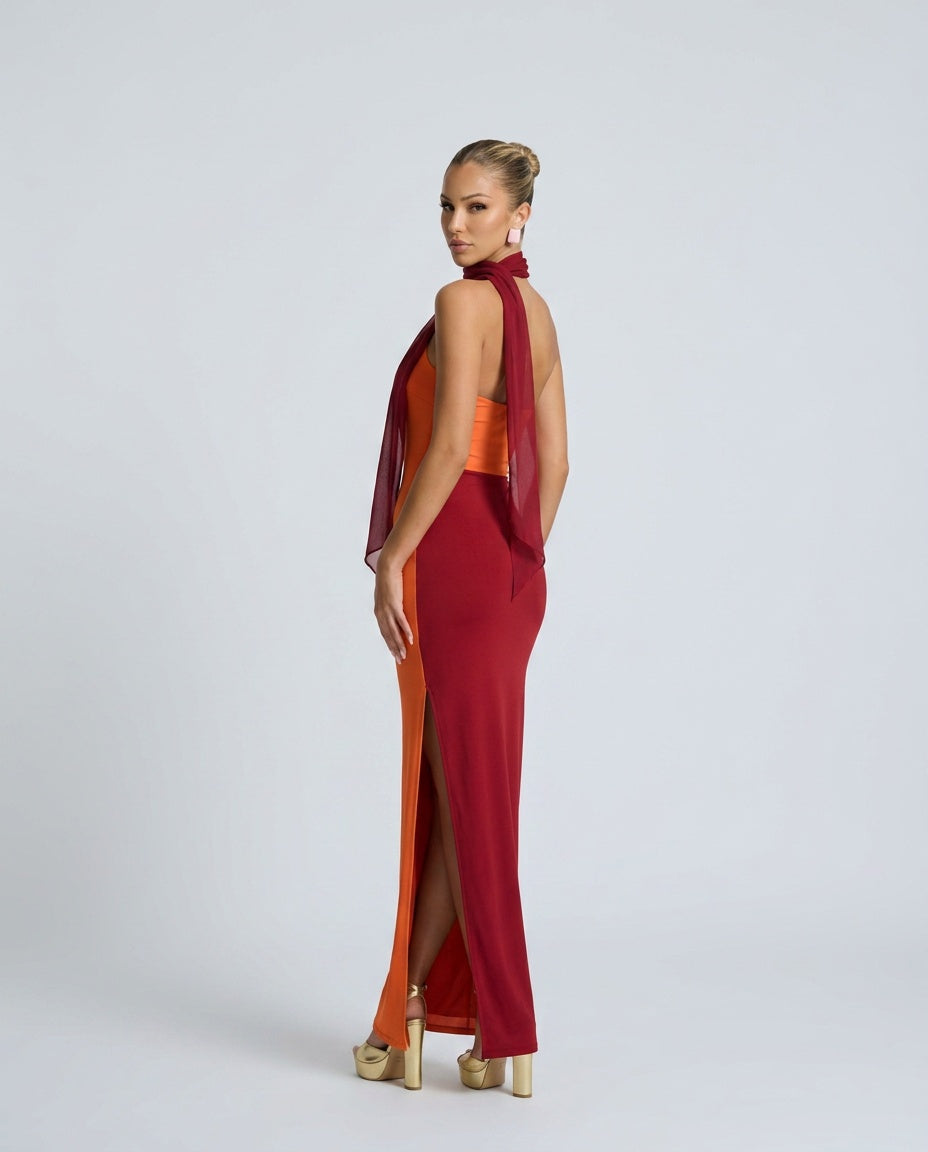 Isabela | Two-Tone Draped Strapless Maxi Dress with Scarf