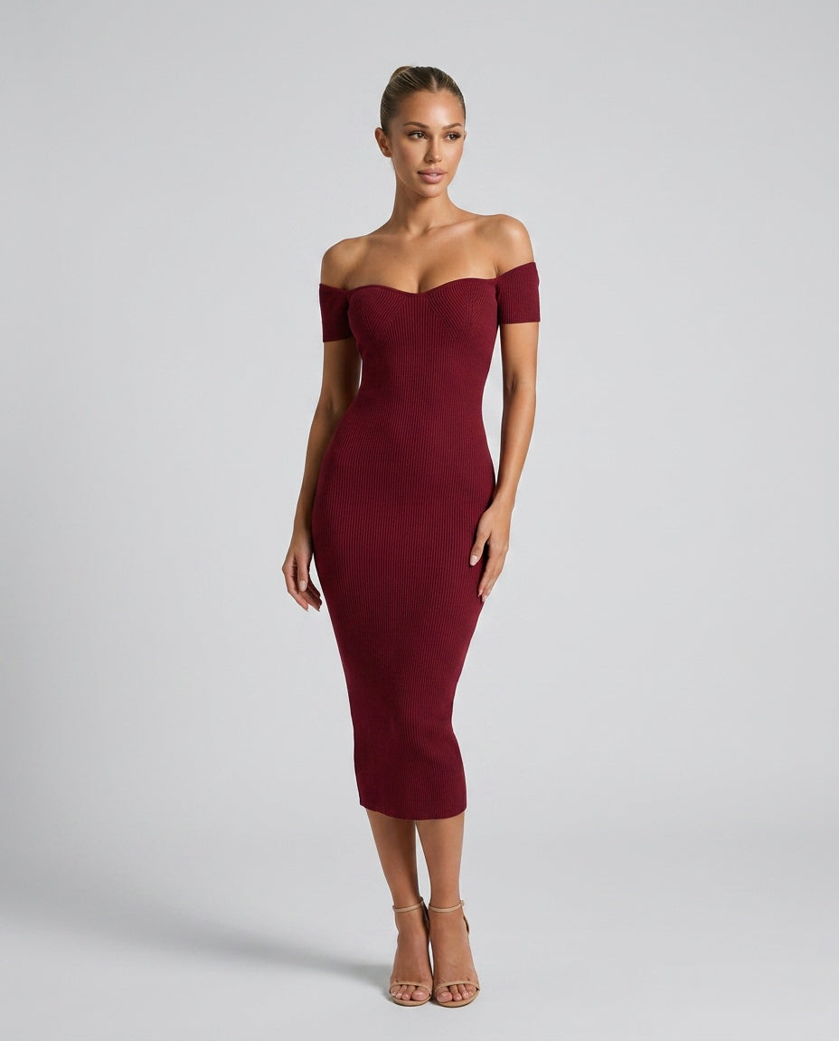 Imogen | Ribbed Off-Shoulder Bodycon Midi Dress