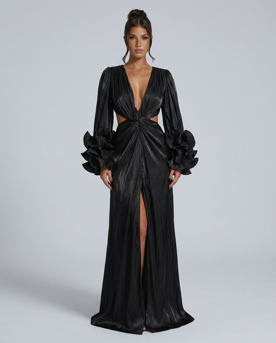 Faye | Long Sleeve Ruched Split Maxi Dress