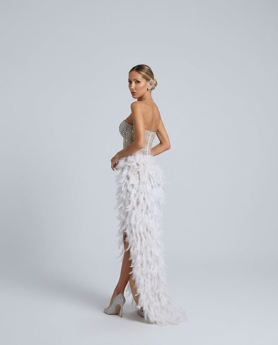 Delaney | Strapless Rhinestone Feather Maxi Dress