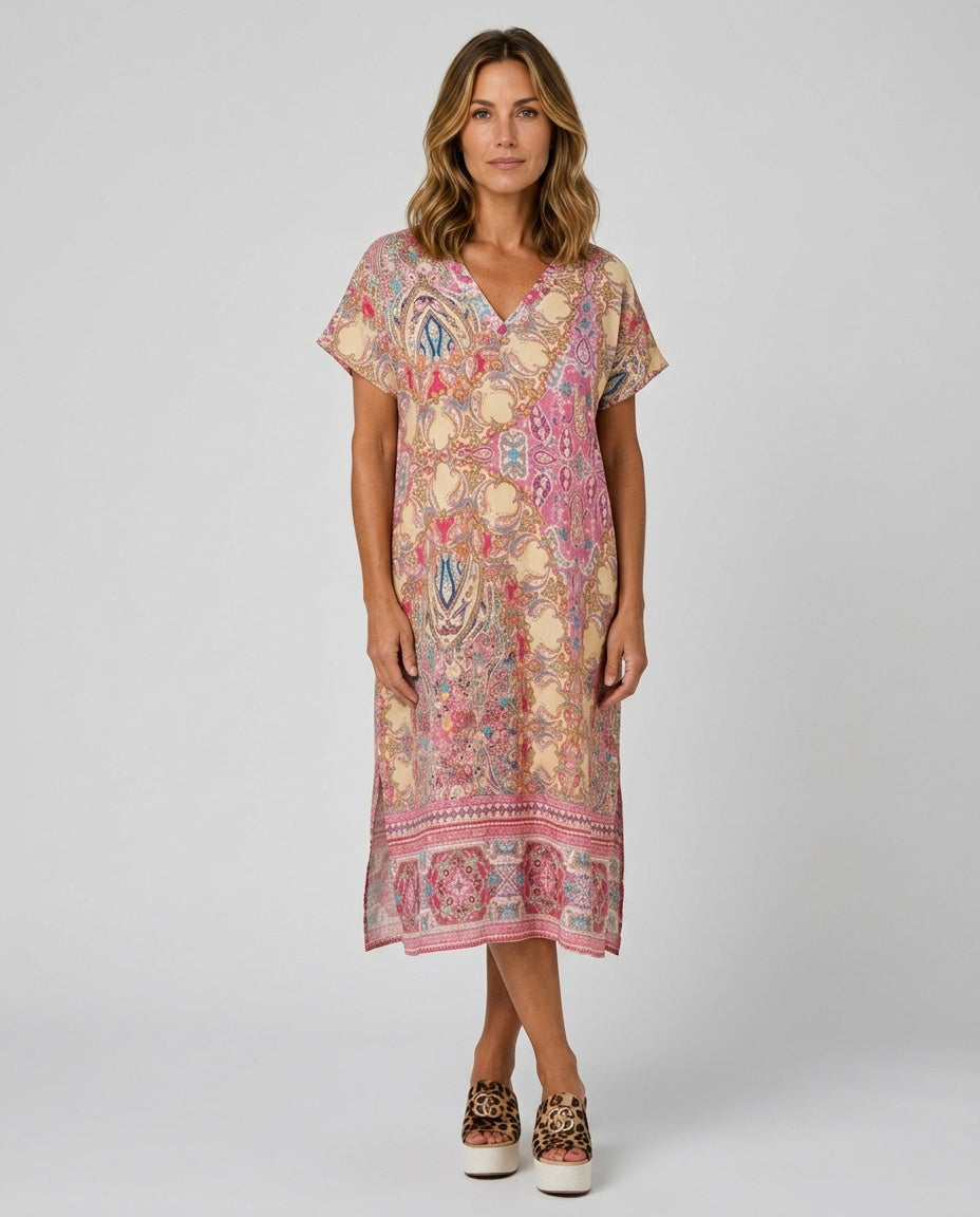 Maeve | Printed V-Neck Short Sleeve Midi Dress