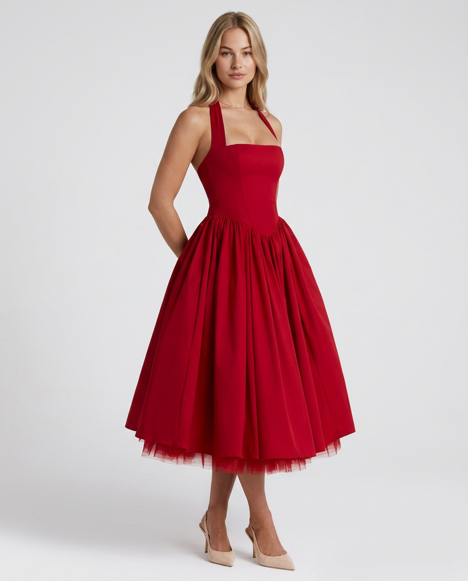 Nicole | Halter Neck Full Skirt Midi Dress