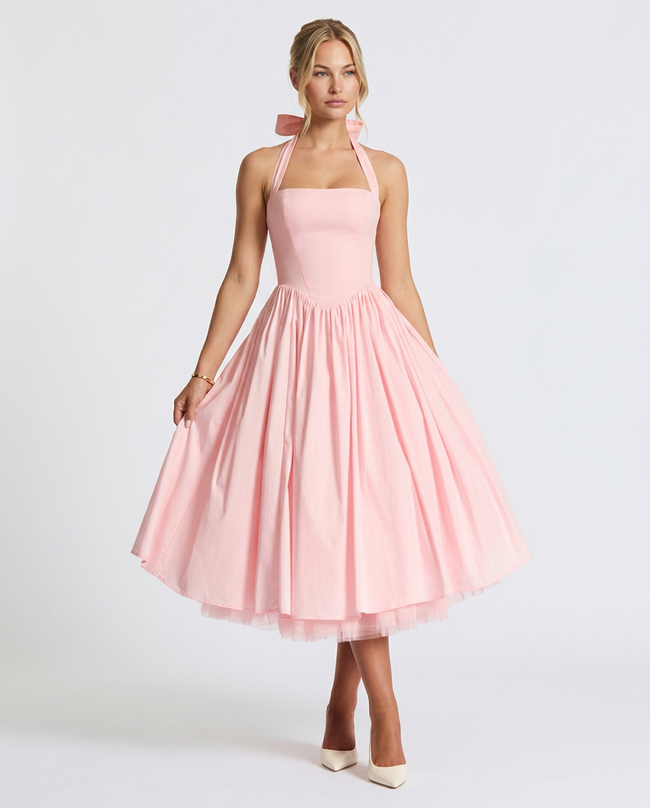 Nicole | Halter Neck Full Skirt Midi Dress