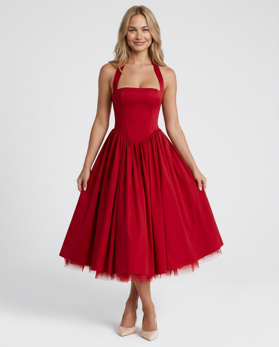 Nicole | Halter Neck Full Skirt Midi Dress