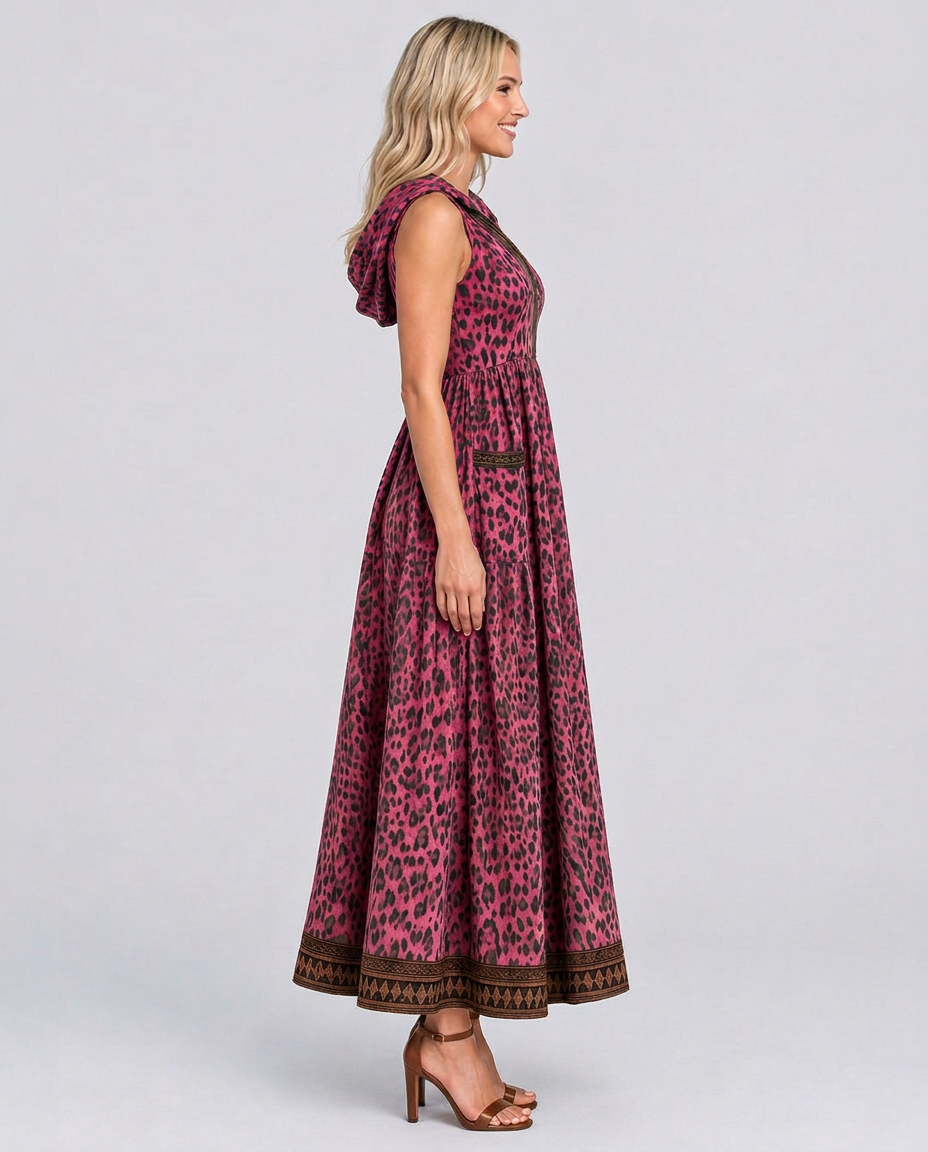 Lena | Hooded Leopard Print Maxi Dress with Front Zip