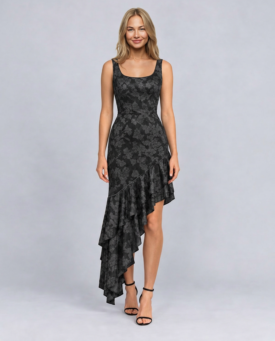 Alina | Floral Maxi Dress with Asymmetric Ruffle Hem