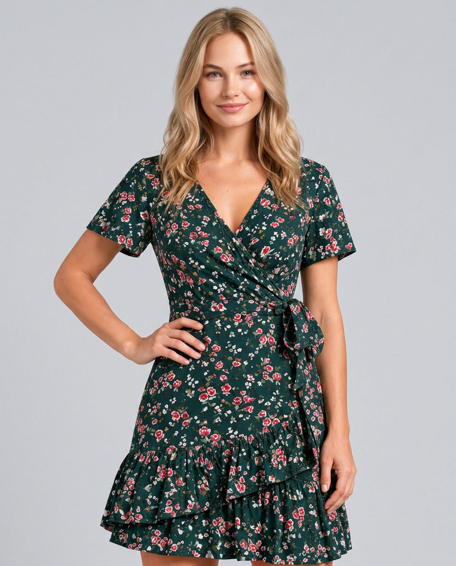 Kimberly | Floral Wrap Mini Dress with Ruffle Hem