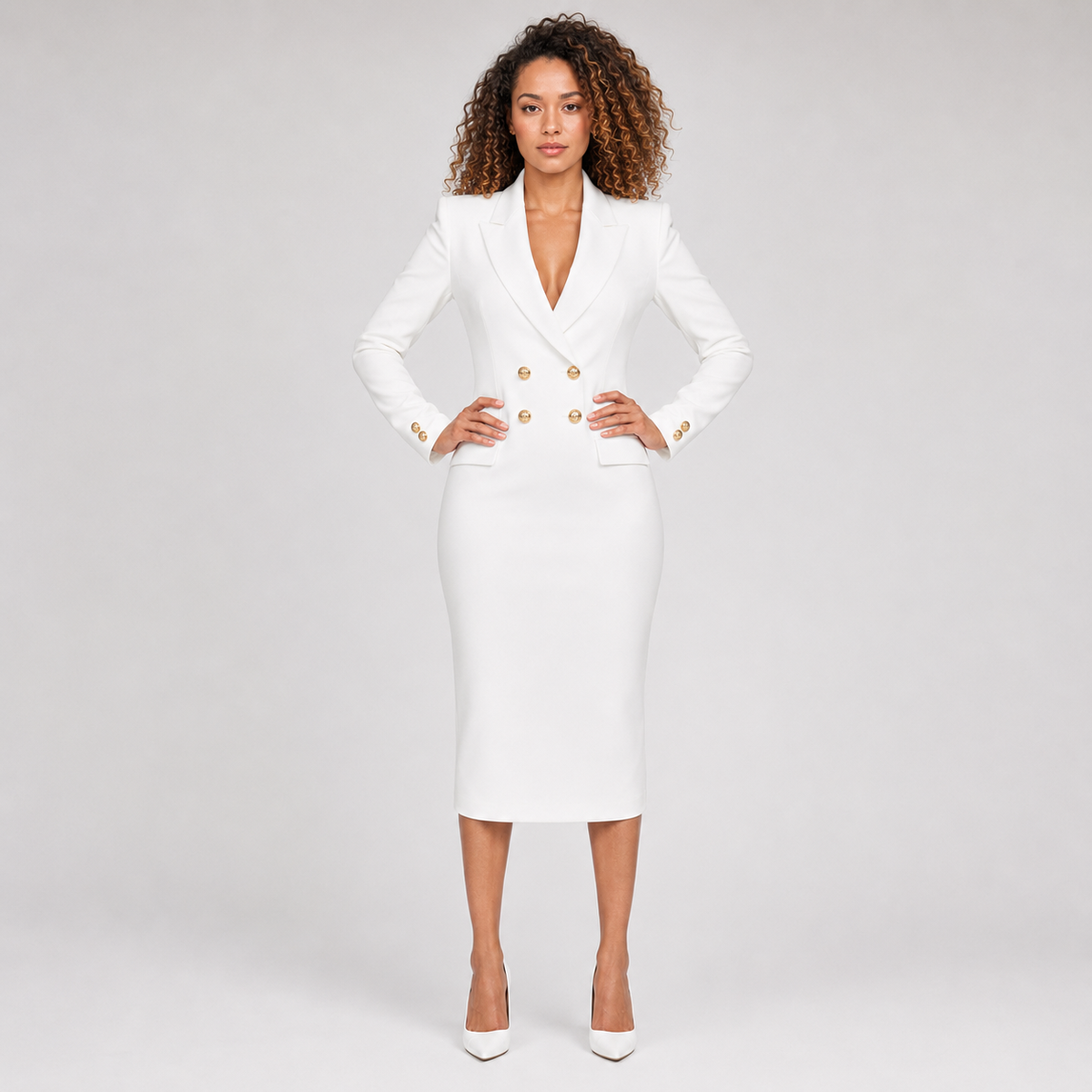 Ada | Double-Breasted V-Neck Midi Dress