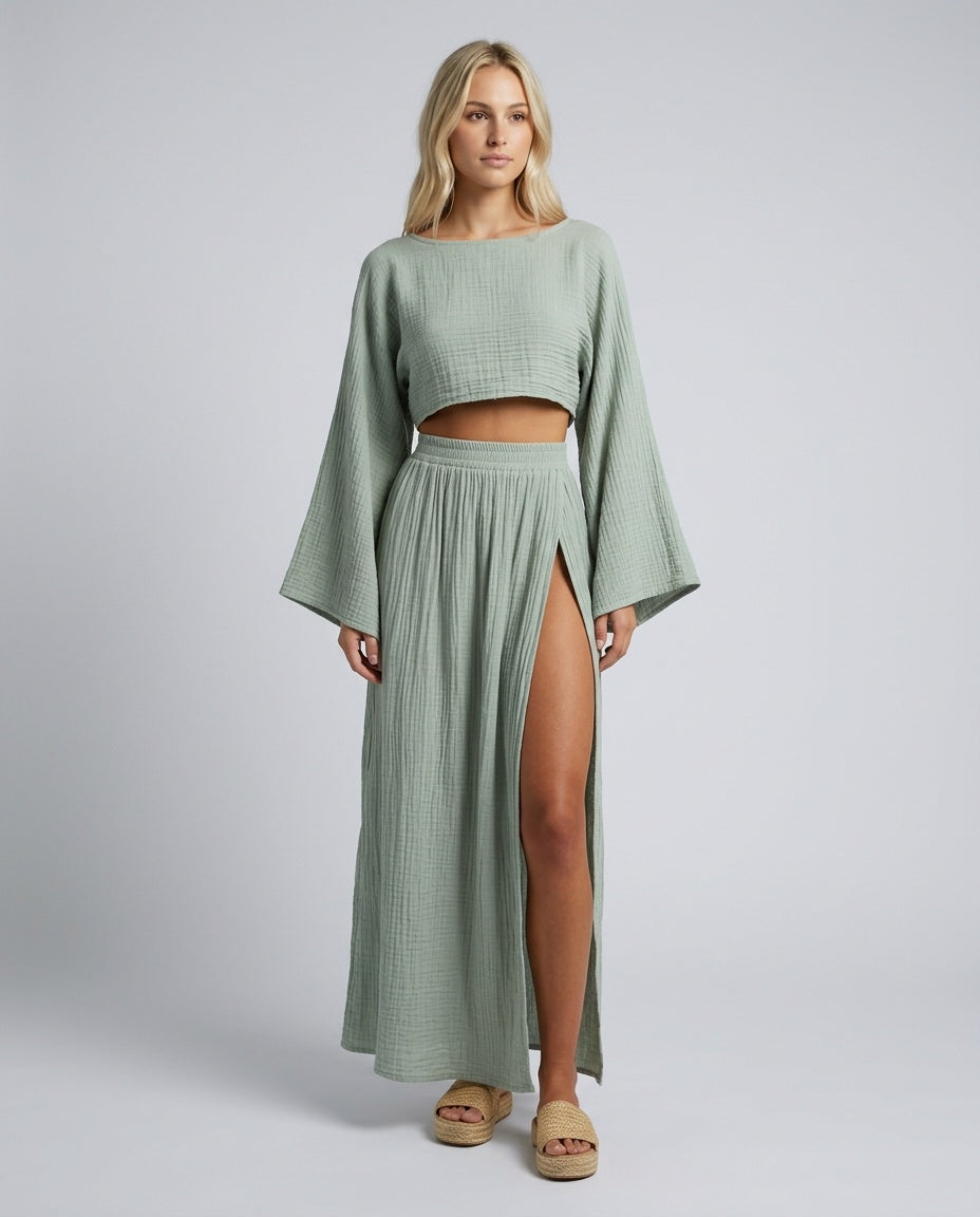 Odette | Long Sleeve Cropped Top & High Split Maxi Skirt Set
