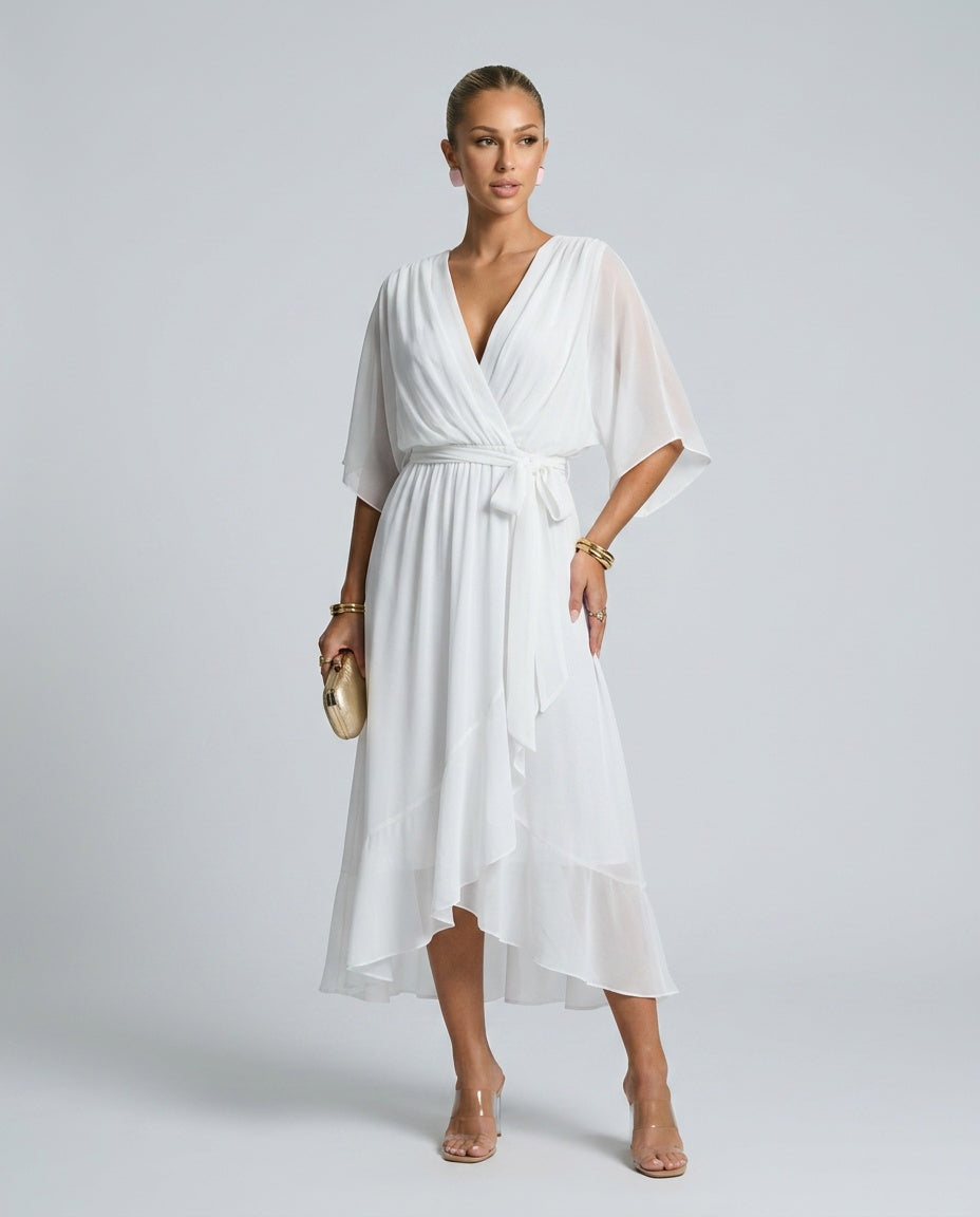 Daniela | Belted V-Neck Chiffon-Look Midi Dress