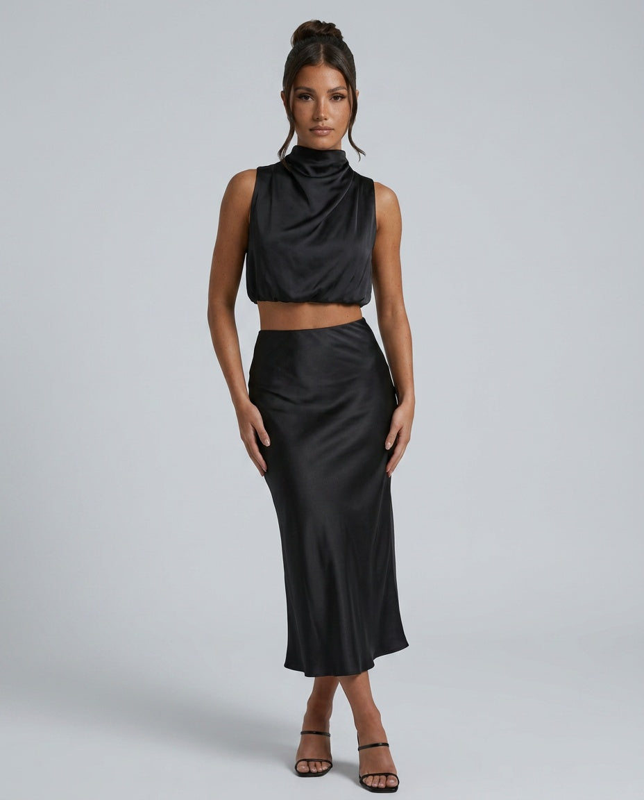Cora | Halter Crop Top & High Waist Midi Skirt Set