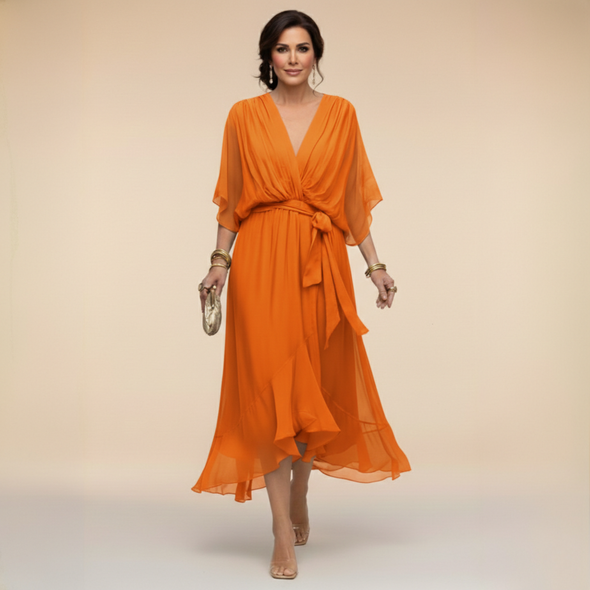 Daniela | Belted V-Neck Chiffon-Look Midi Dress