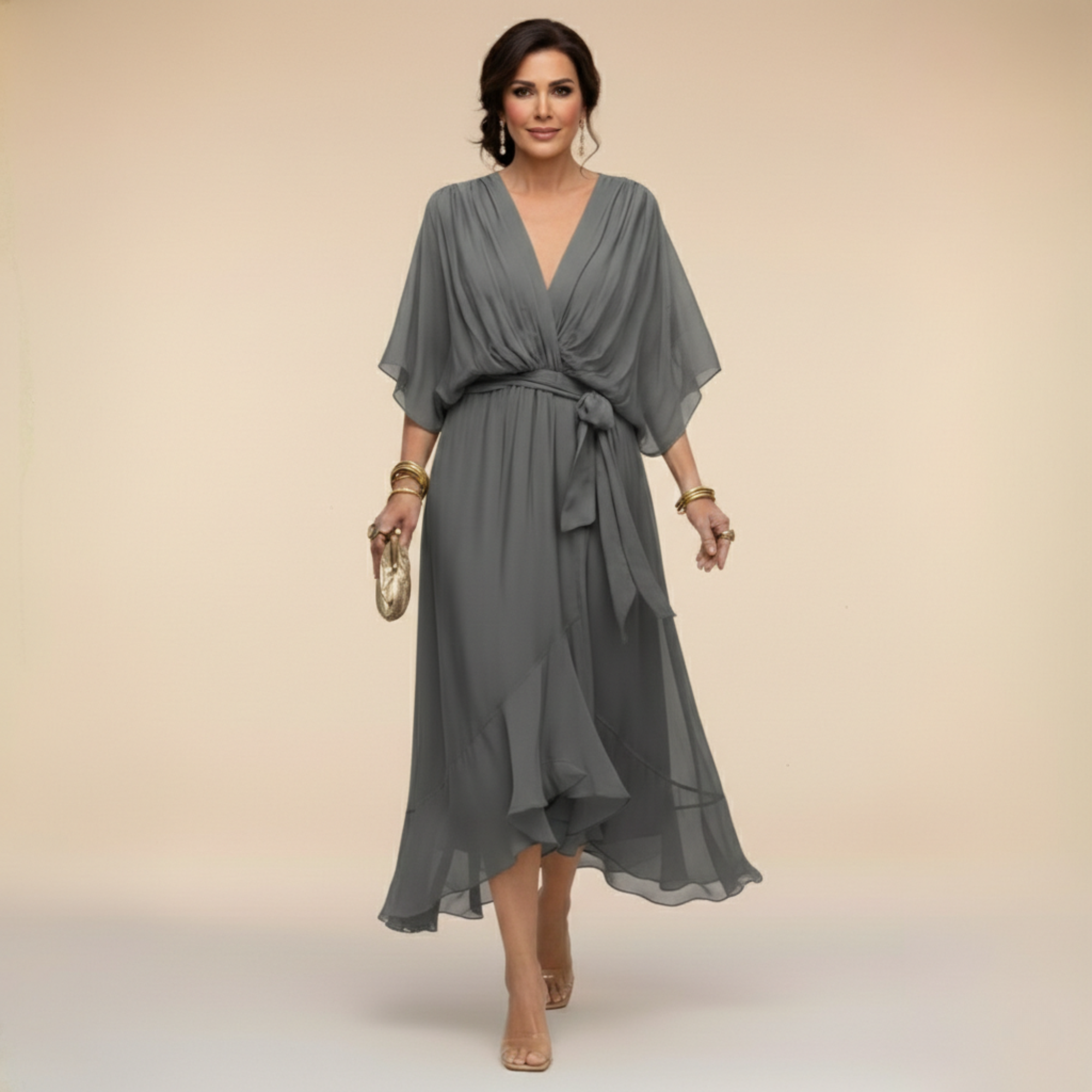 Daniela | Belted V-Neck Chiffon-Look Midi Dress