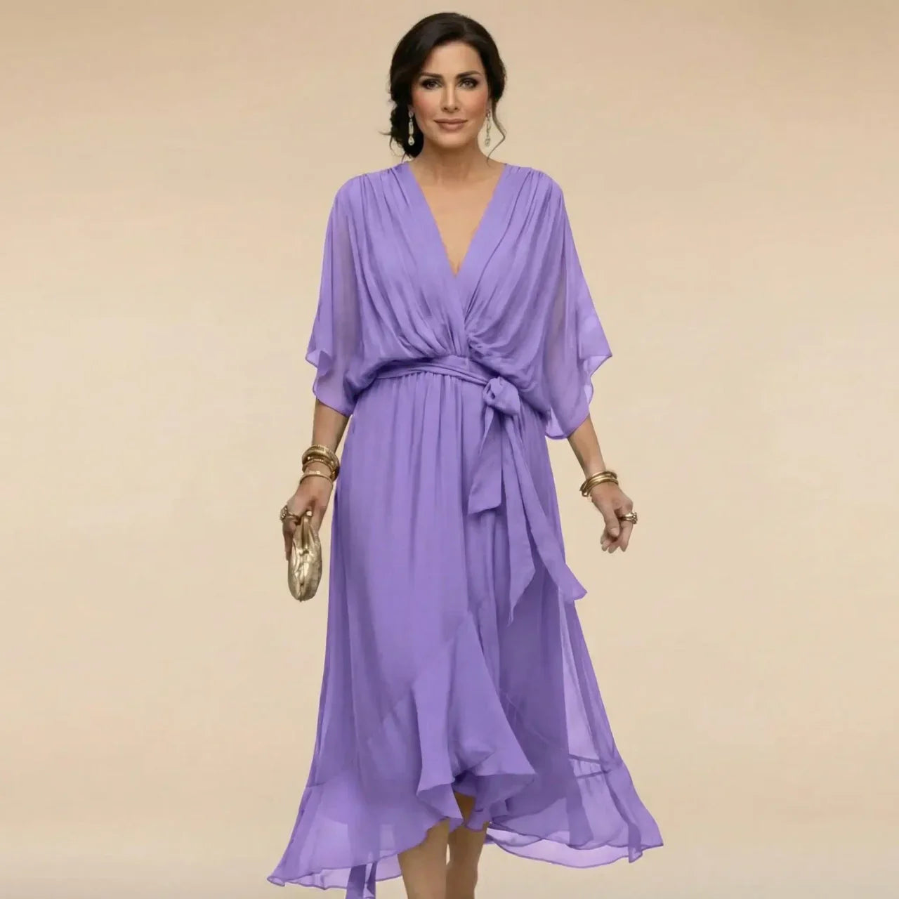 Daniela | Belted V-Neck Chiffon-Look Midi Dress