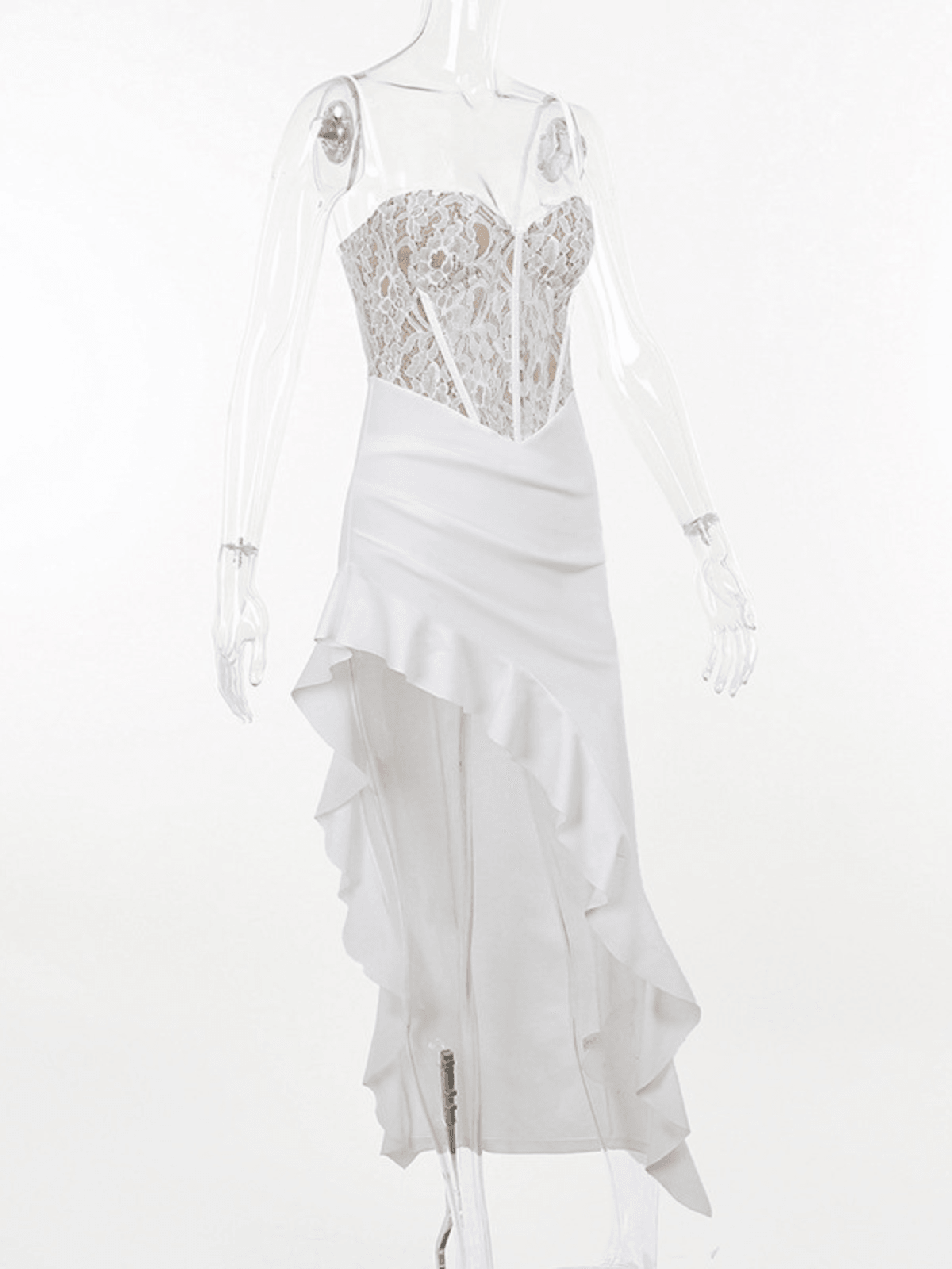 Séline | Lace Asymmetric Ruffle Midi Dress