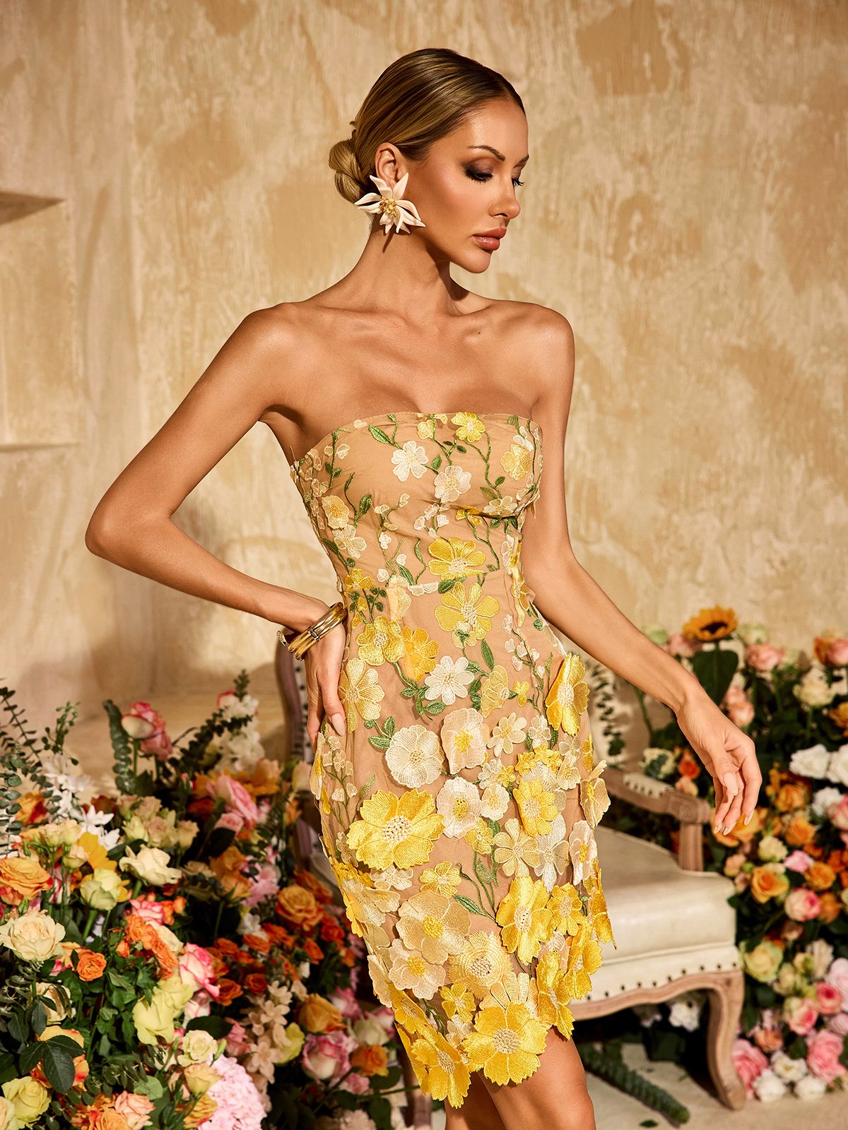 Sienna | Strapless Embroidered Flower Mini Dress