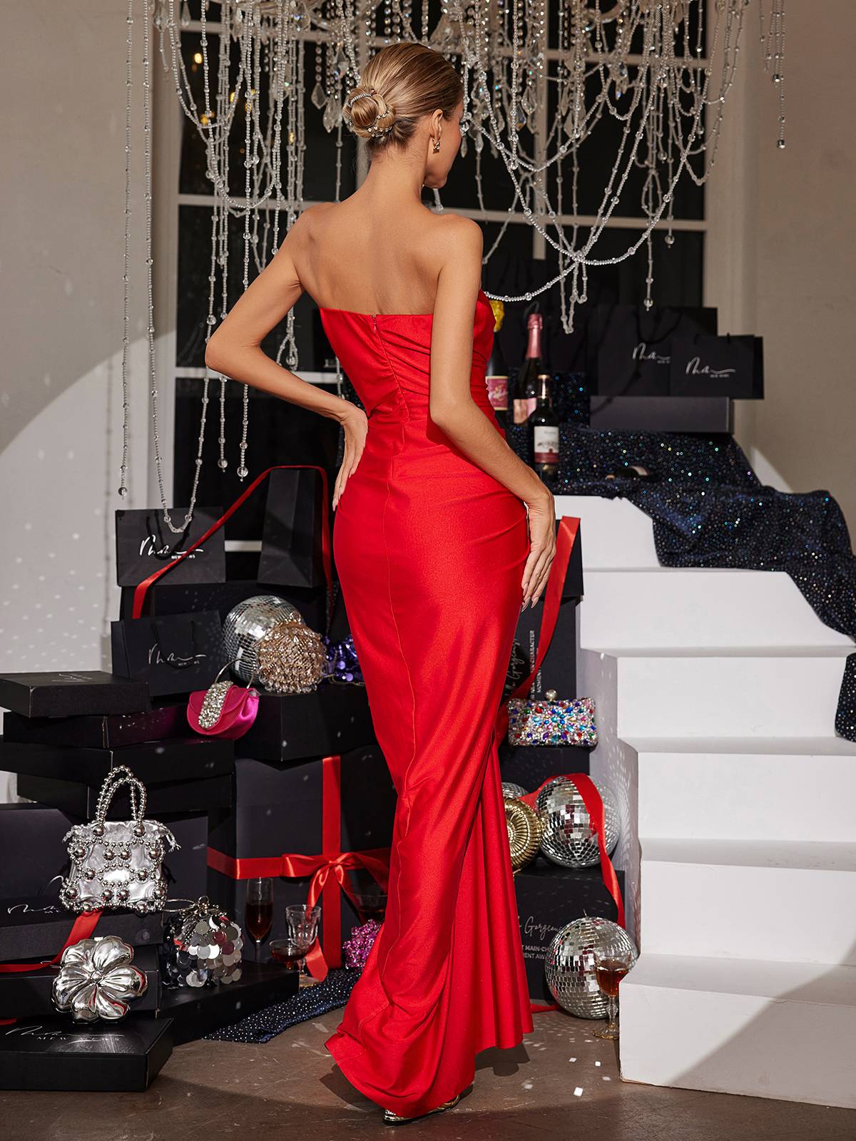 Camille | Strapless Ruched Satin-Look Maxi Dress