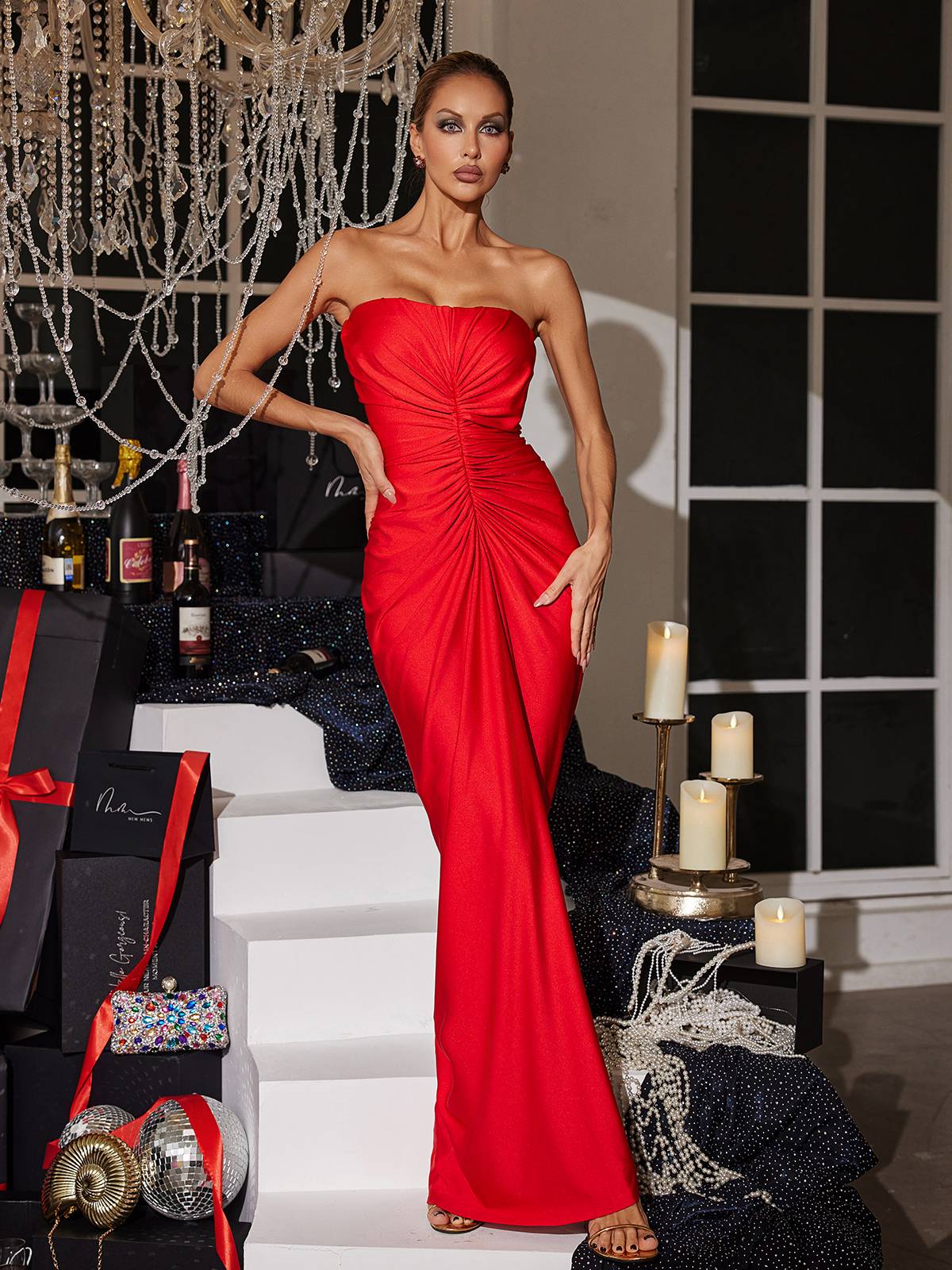 Camille | Strapless Ruched Satin-Look Maxi Dress