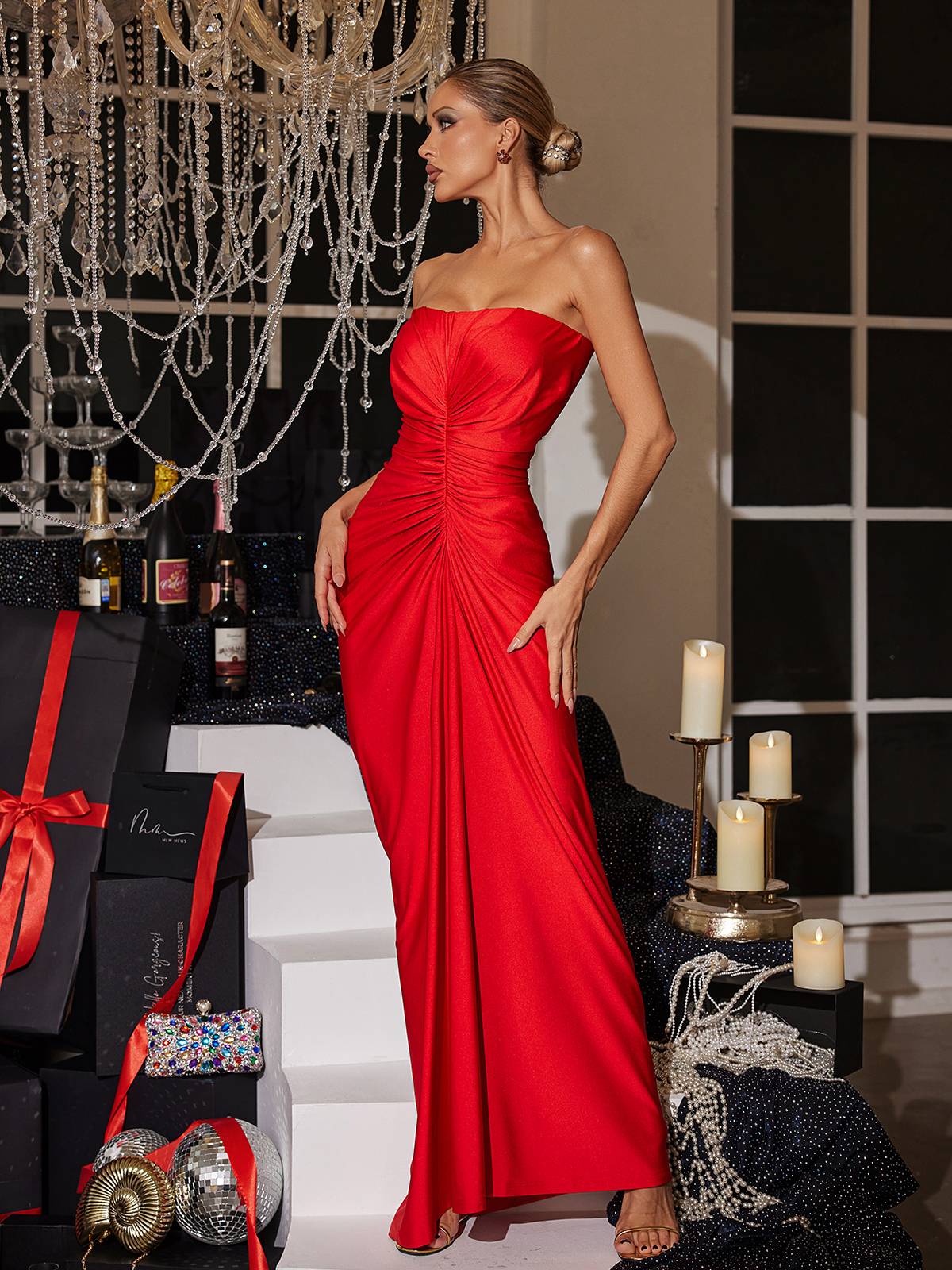 Camille | Strapless Ruched Satin-Look Maxi Dress