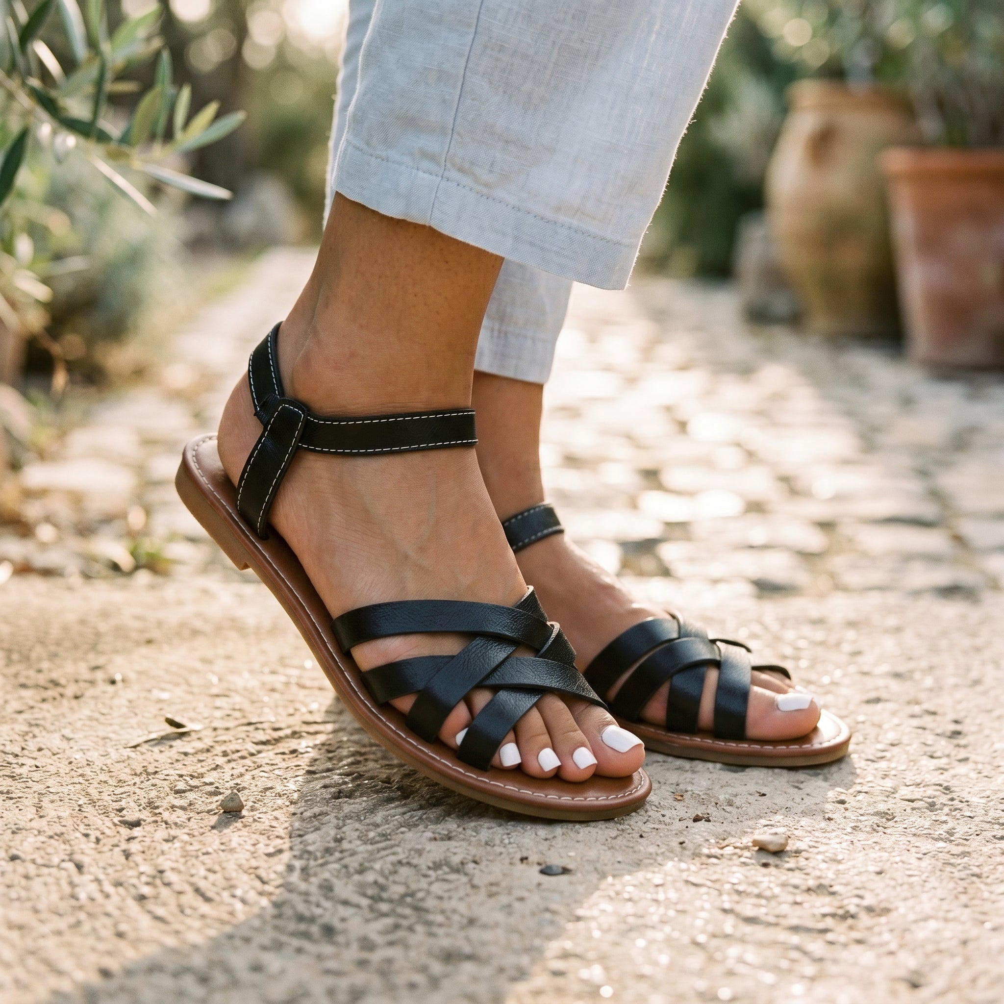 Mira | Black Strappy Flat Sandals