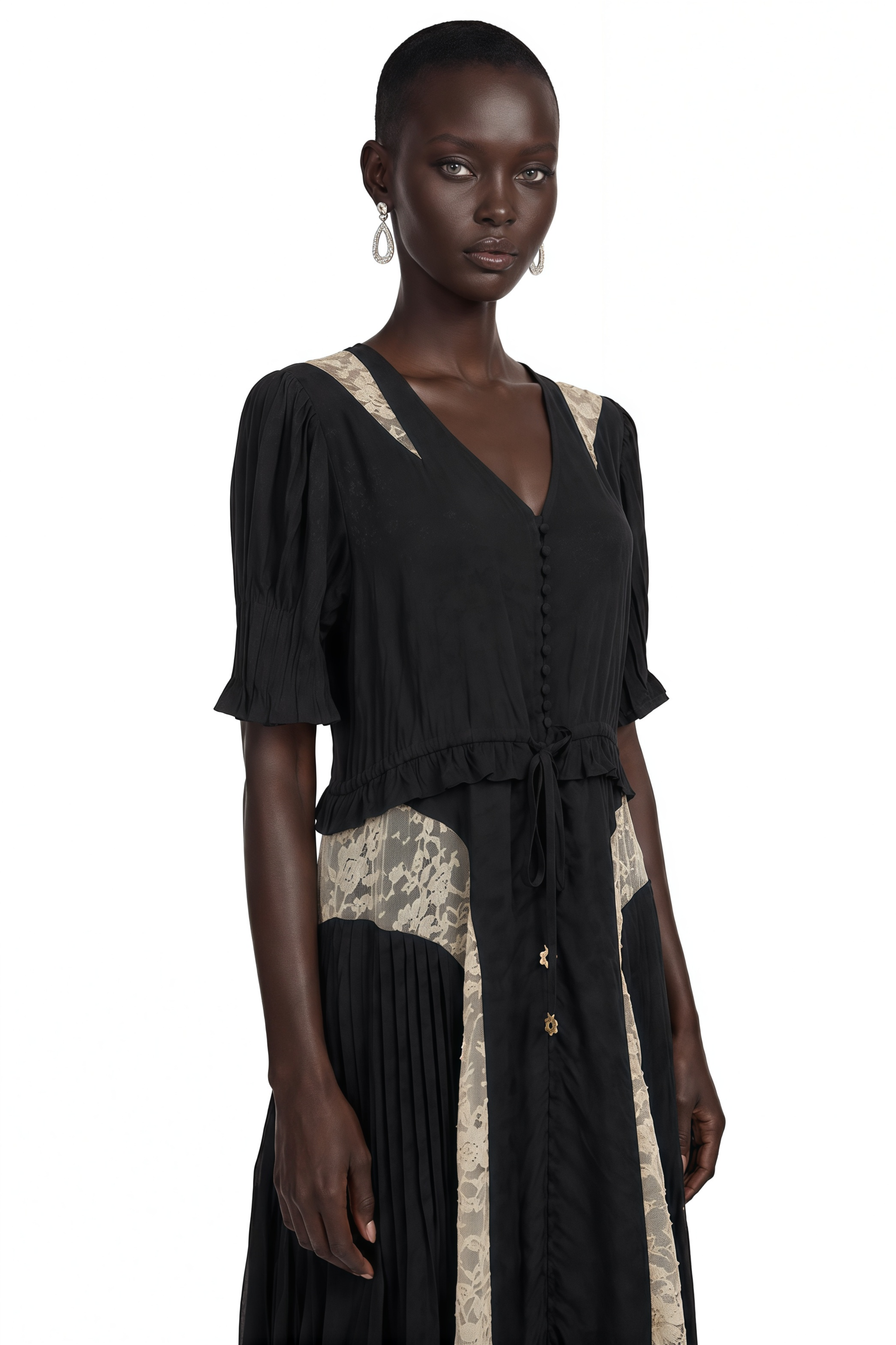 Florencia | V-Neck Contrast Lace Panel Midi Dress
