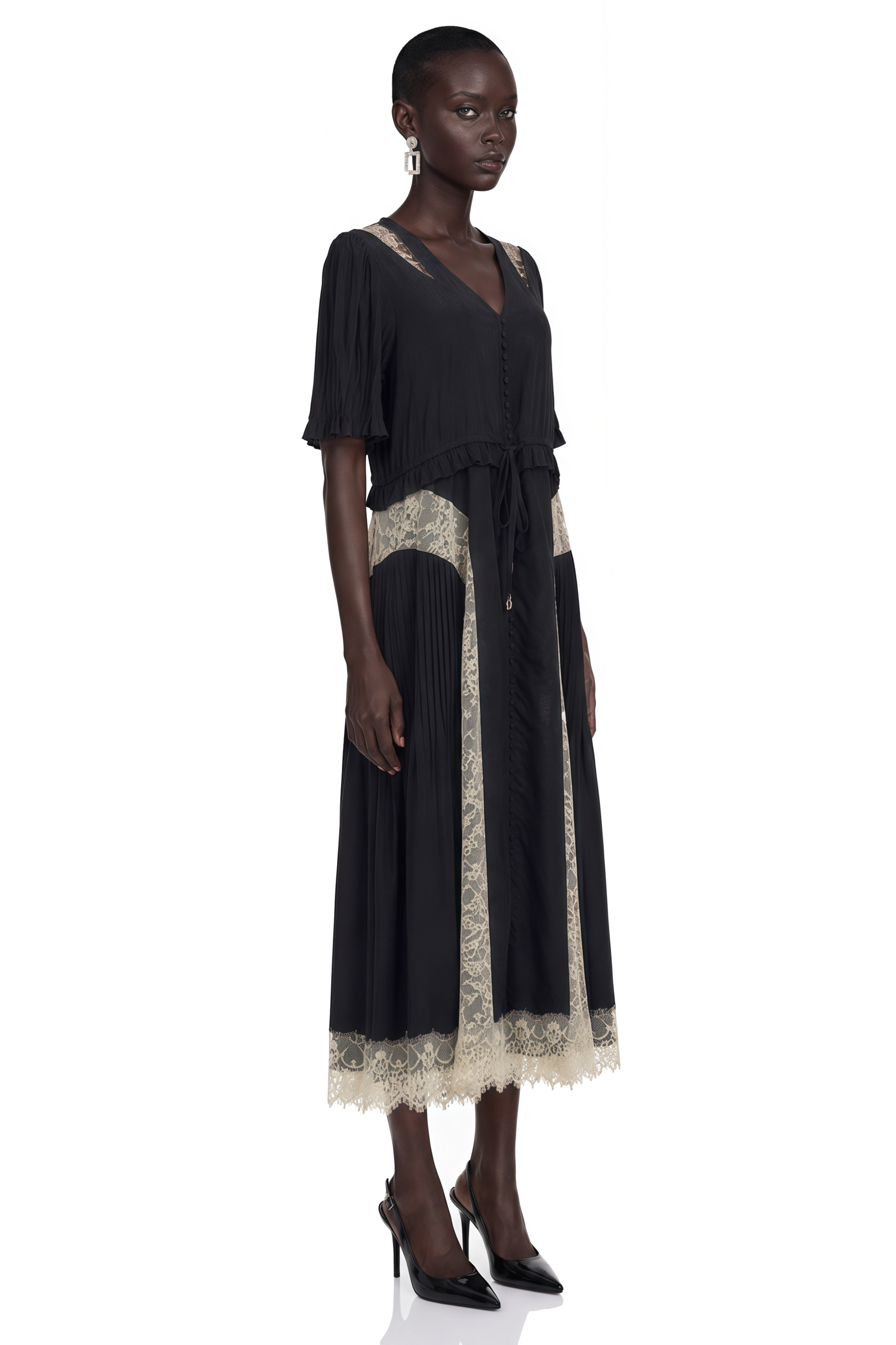 Florencia | V-Neck Contrast Lace Panel Midi Dress